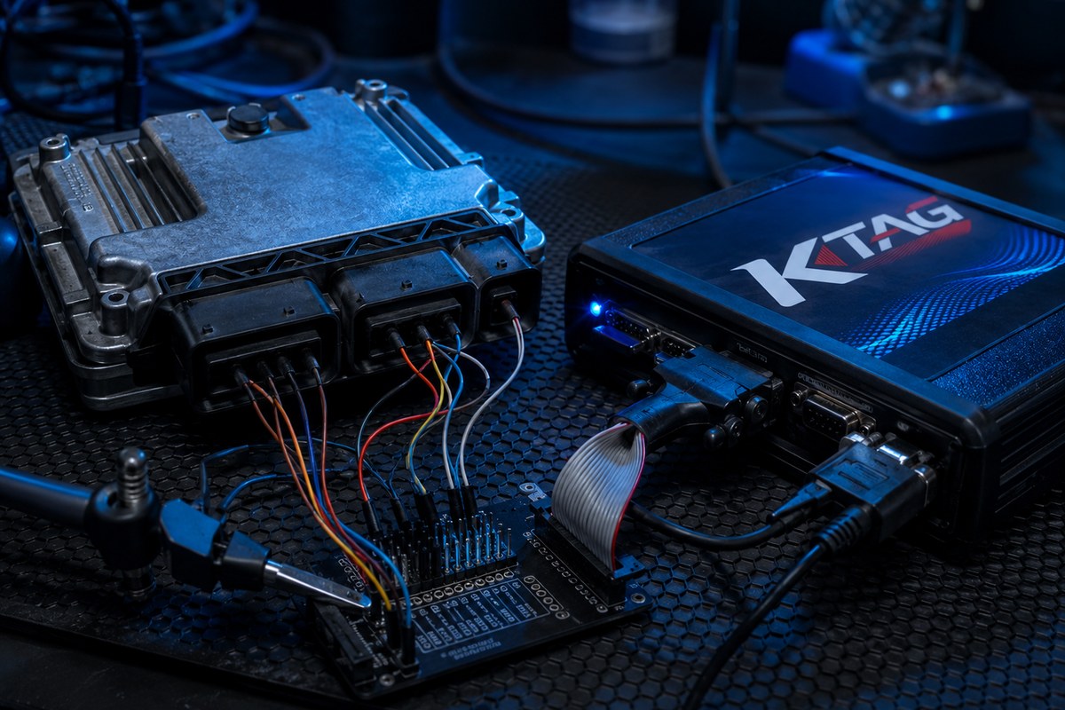 ECU connected on the bench for boot programming