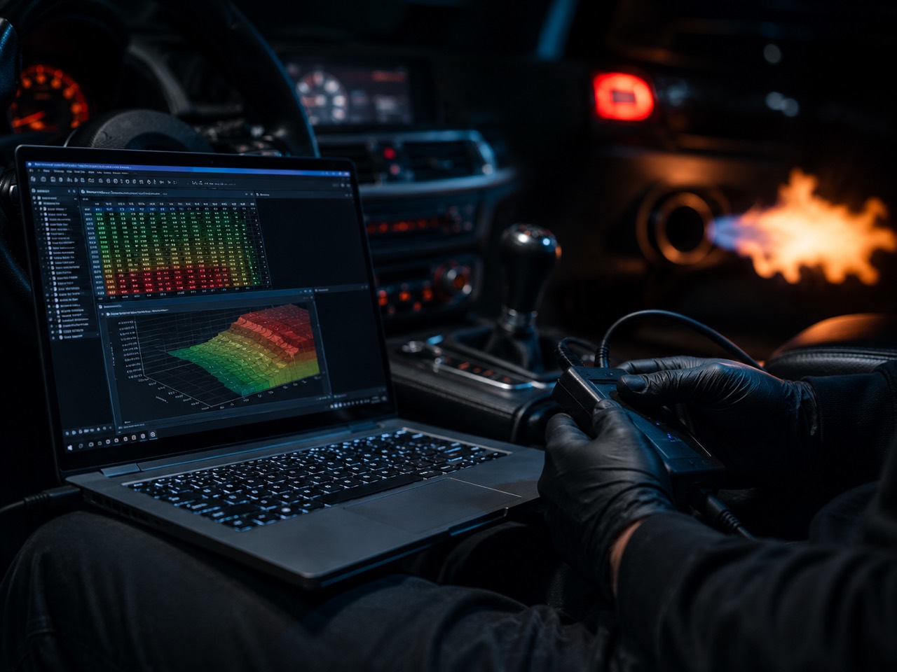 Hardcut and popcorn limiter mapping setup with laptop and exhaust flame