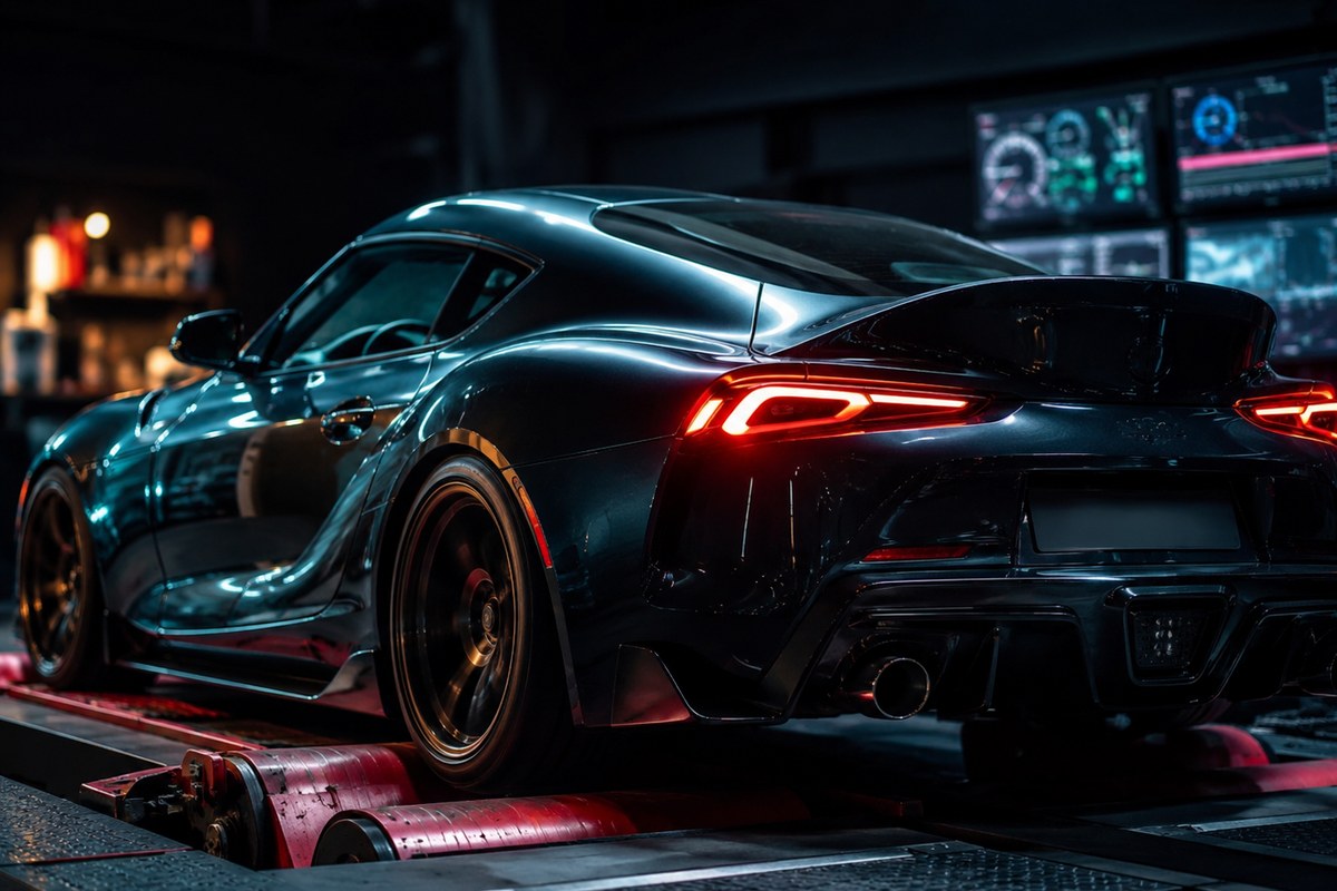 Performance car on rolling road for Stage 1 remapping